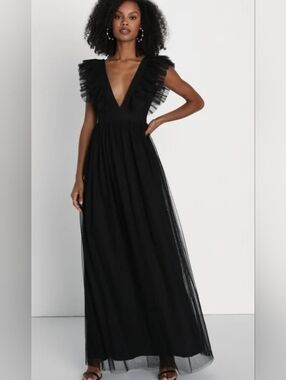 Lulus Simply Delighted Black Mesh Ruffled Backless Maxi Dress XL NWT
